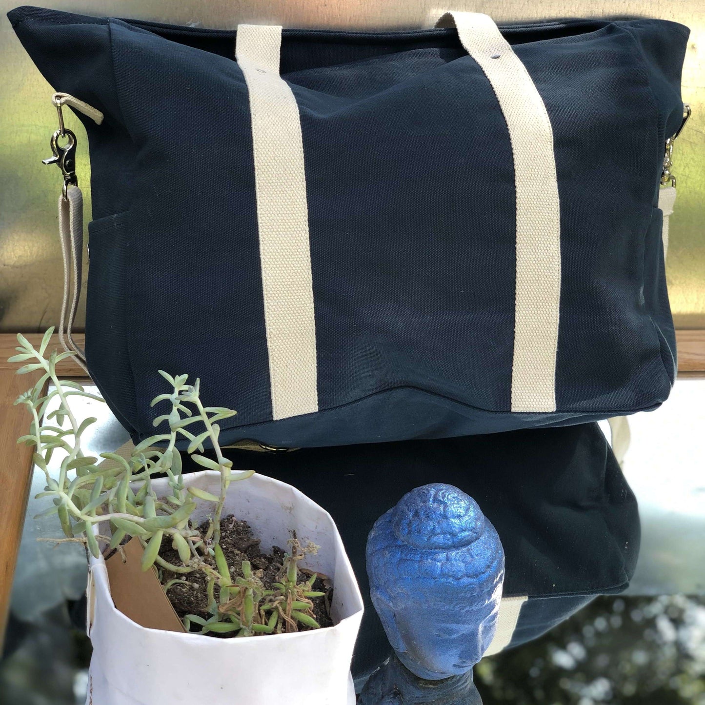 injeenyuhs navy/white large zippered canvas tote